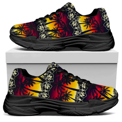 Sunset Hibiscus Palm Tree Pattern Print Black Chunky Shoes