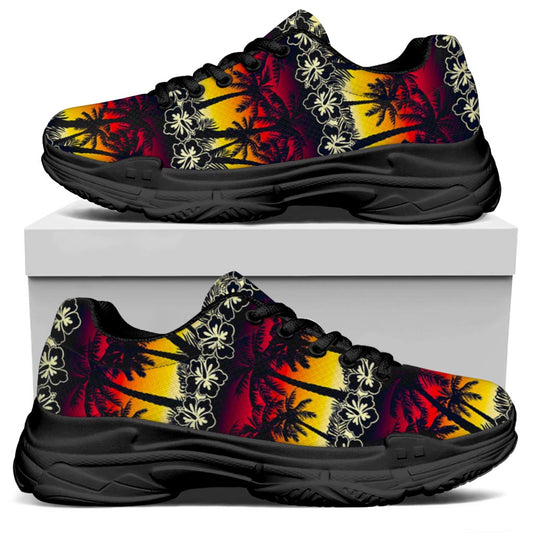 Sunset Hibiscus Palm Tree Pattern Print Black Chunky Shoes
