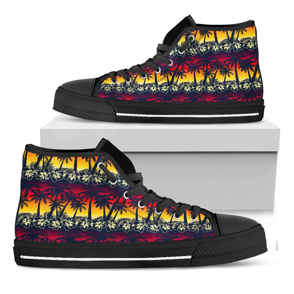 Sunset Hibiscus Palm Tree Pattern Print Black High Top Sneakers
