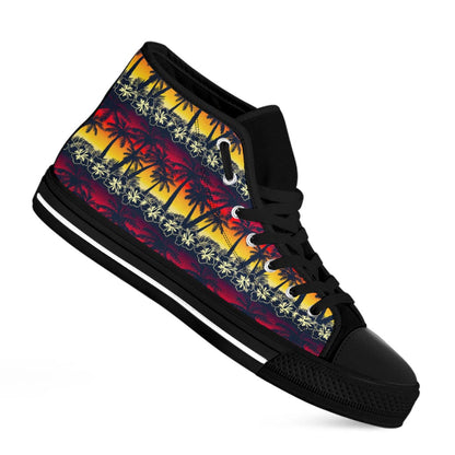 Sunset Hibiscus Palm Tree Pattern Print Black High Top Sneakers