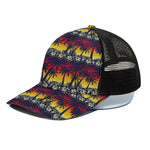 Sunset Hibiscus Palm Tree Pattern Print Black Mesh Trucker Cap