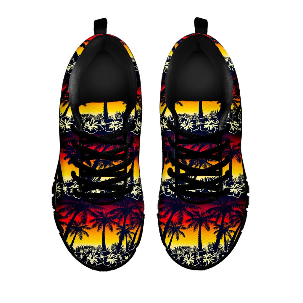 Sunset Hibiscus Palm Tree Pattern Print Black Running Shoes