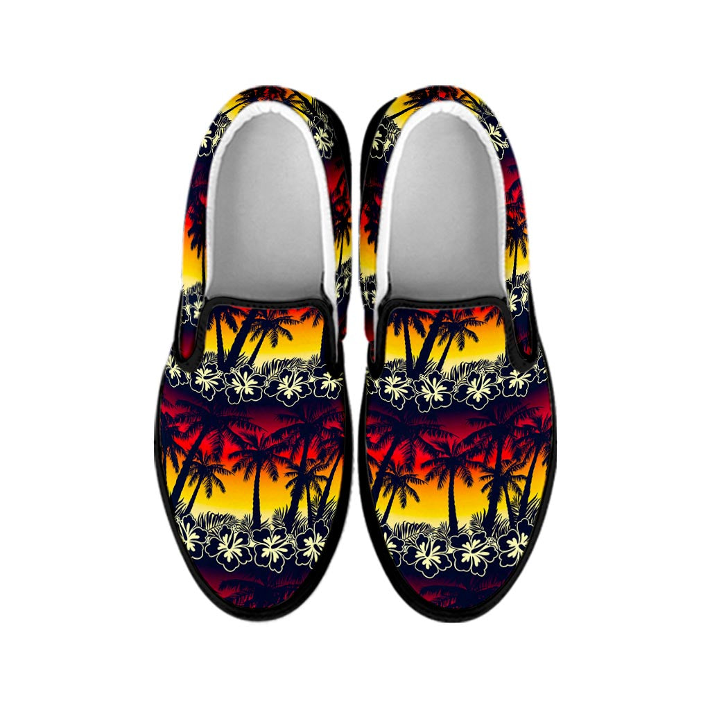 Sunset Hibiscus Palm Tree Pattern Print Black Slip On Sneakers