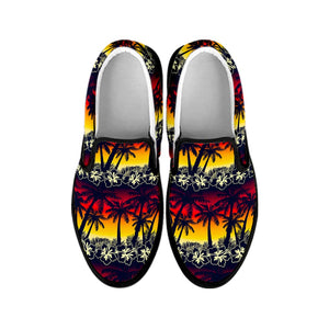 Sunset Hibiscus Palm Tree Pattern Print Black Slip On Sneakers