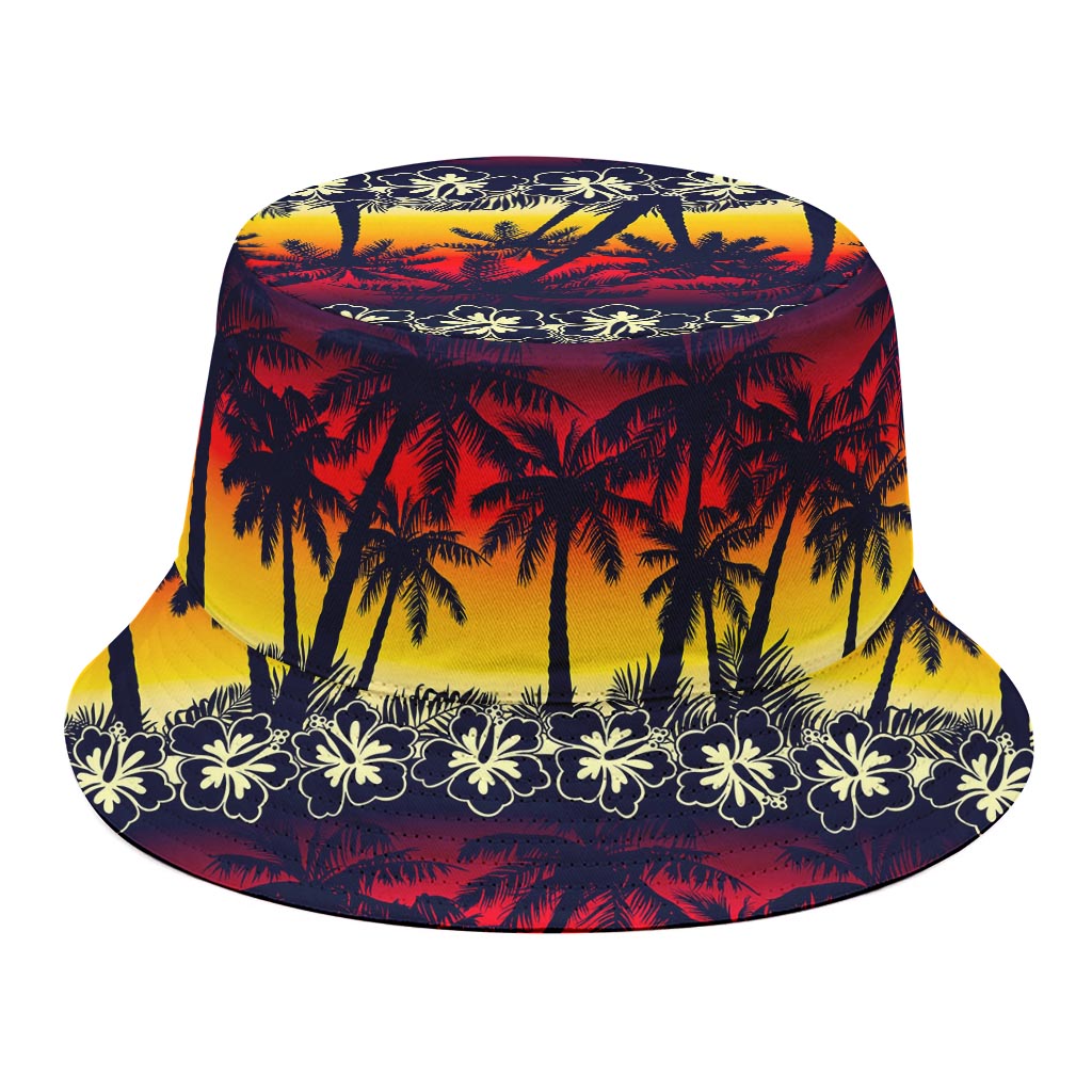 Sunset Hibiscus Palm Tree Pattern Print Bucket Hat