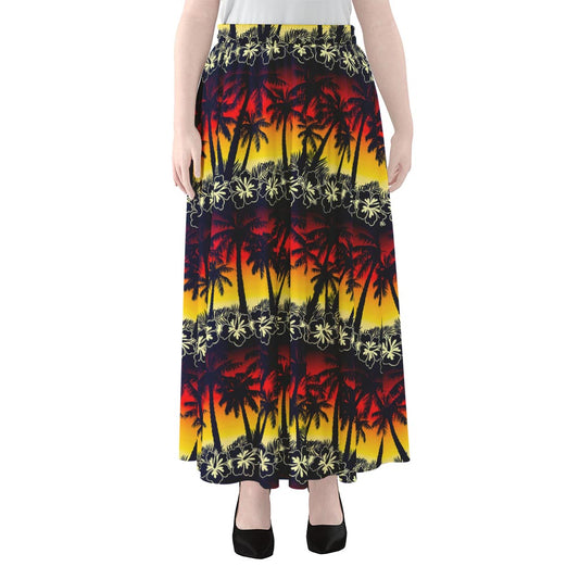Sunset Hibiscus Palm Tree Pattern Print Chiffon Maxi Skirt