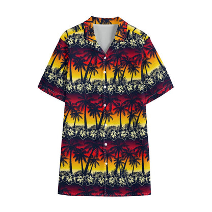 Sunset Hibiscus Palm Tree Pattern Print Cotton Hawaiian Shirt