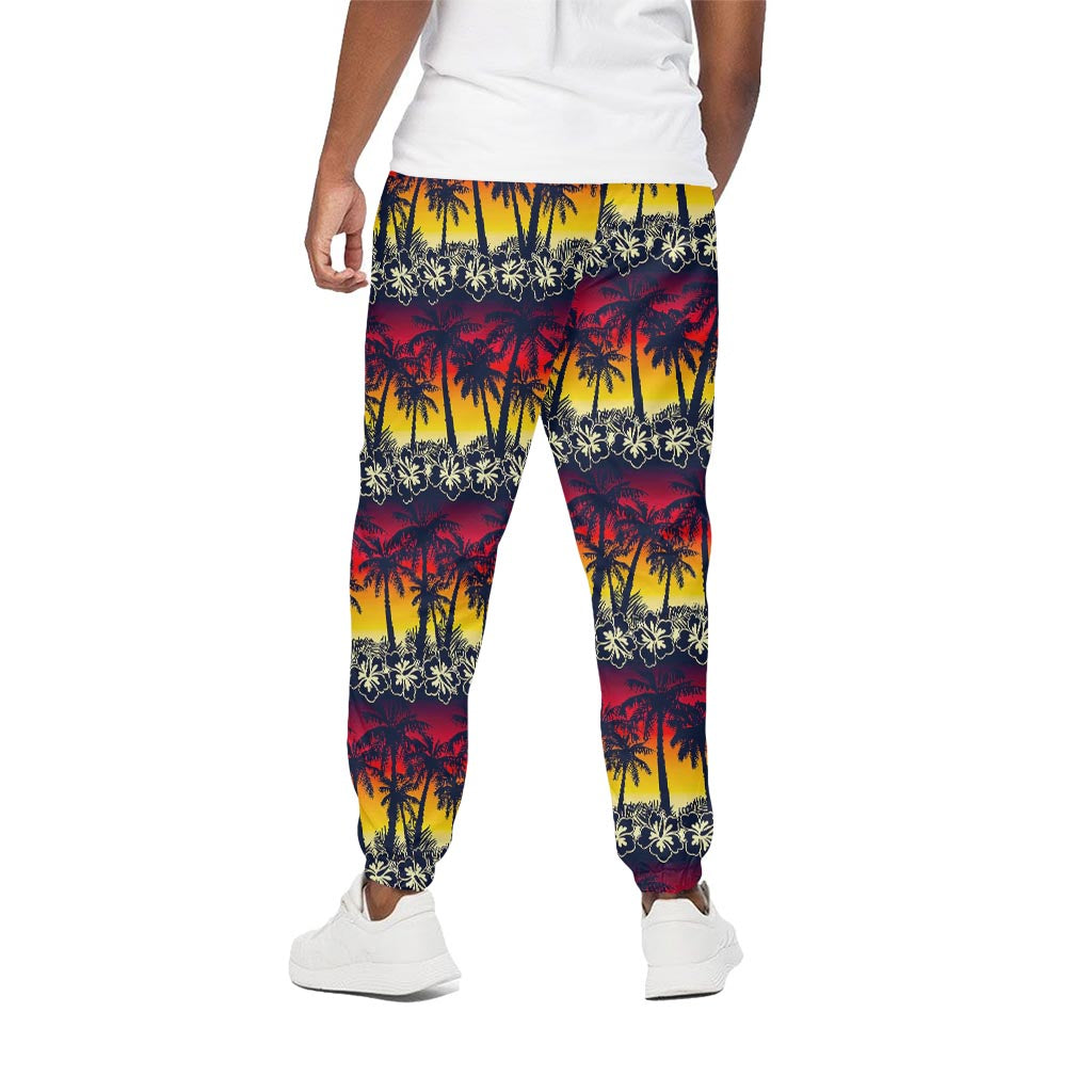 Sunset Hibiscus Palm Tree Pattern Print Cotton Pants
