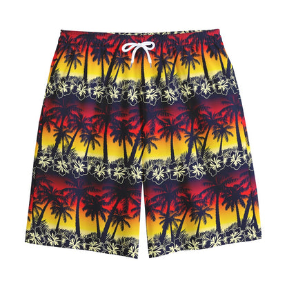 Sunset Hibiscus Palm Tree Pattern Print Cotton Shorts