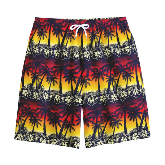 Sunset Hibiscus Palm Tree Pattern Print Cotton Shorts
