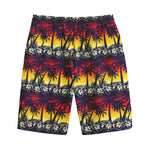 Sunset Hibiscus Palm Tree Pattern Print Cotton Shorts