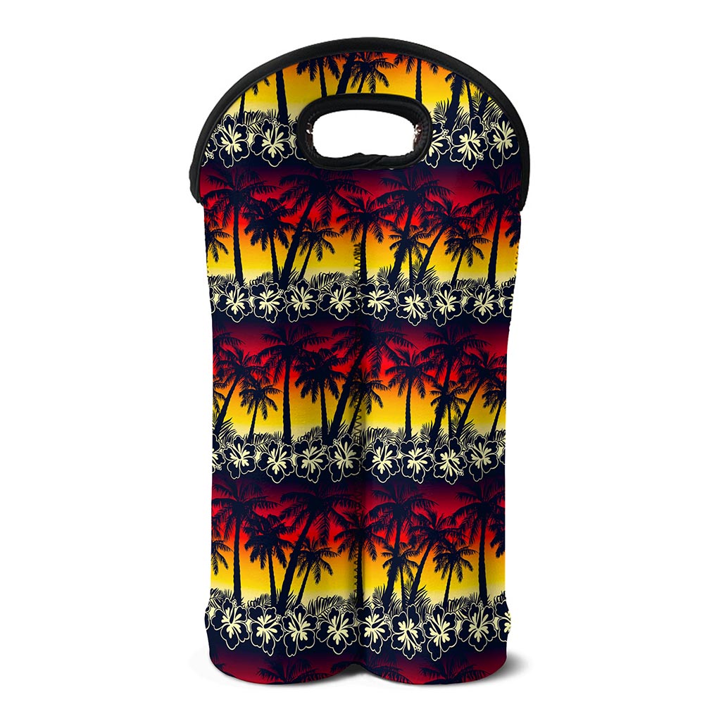 Sunset Hibiscus Palm Tree Pattern Print Double Neoprene Wine Tote