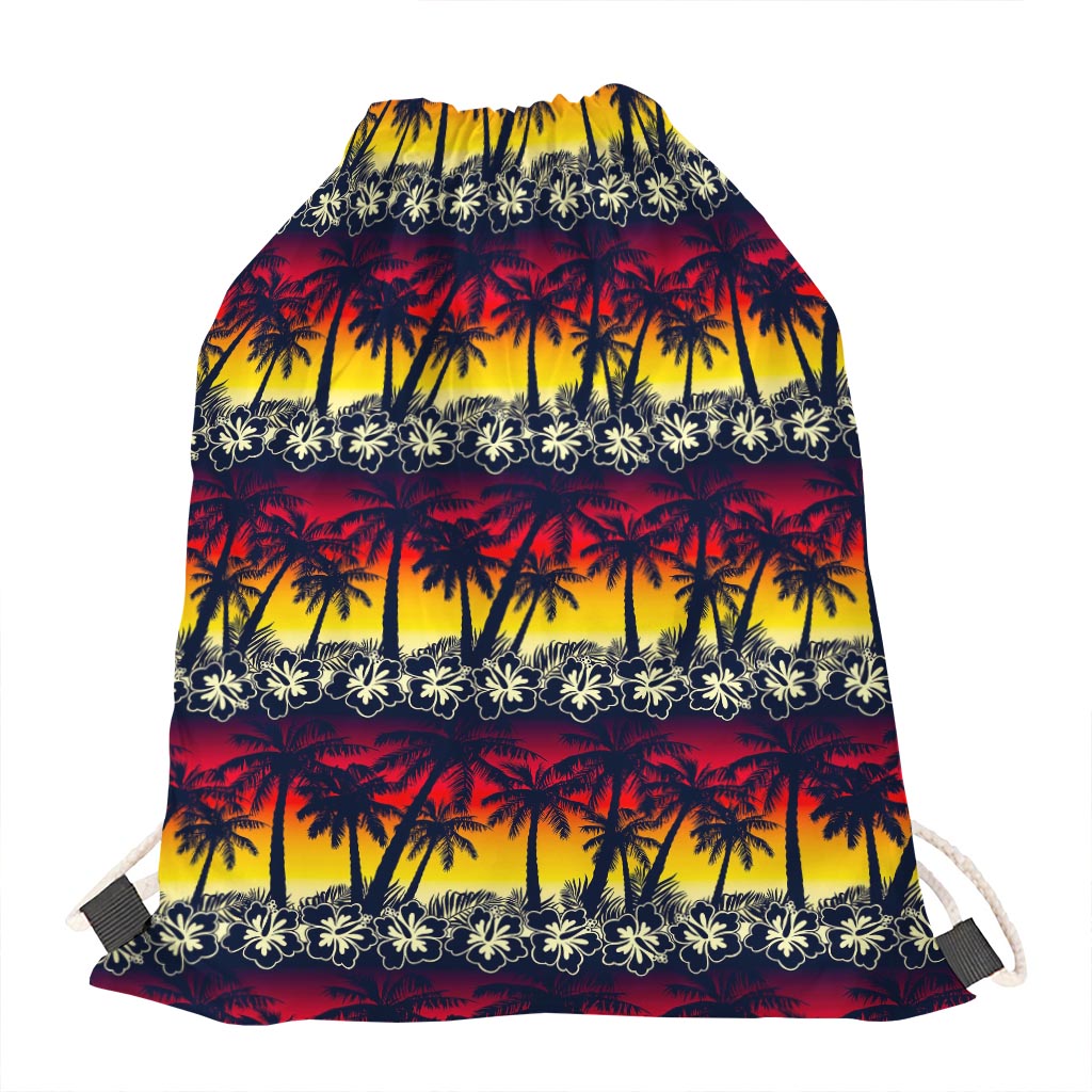 Sunset Hibiscus Palm Tree Pattern Print Drawstring Bag
