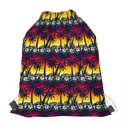 Sunset Hibiscus Palm Tree Pattern Print Drawstring Bag