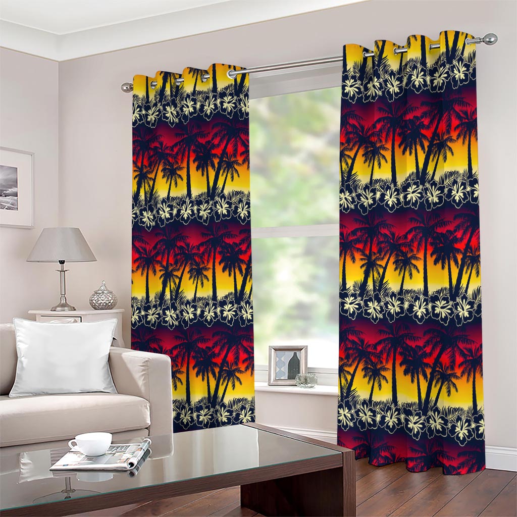 Sunset Hibiscus Palm Tree Pattern Print Extra Wide Grommet Curtains