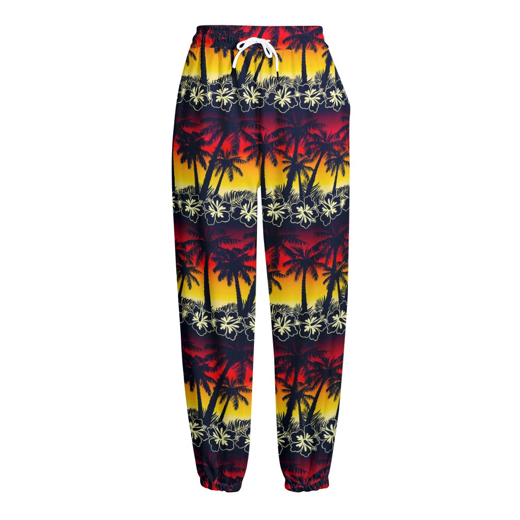 Sunset Hibiscus Palm Tree Pattern Print Fleece Lined Knit Pants