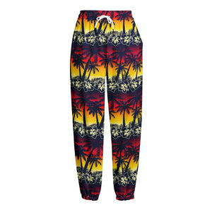 Sunset Hibiscus Palm Tree Pattern Print Fleece Lined Knit Pants