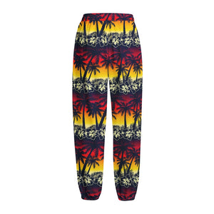 Sunset Hibiscus Palm Tree Pattern Print Fleece Lined Knit Pants