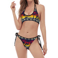 Sunset Hibiscus Palm Tree Pattern Print Halter Scoop Tie Side Bikini