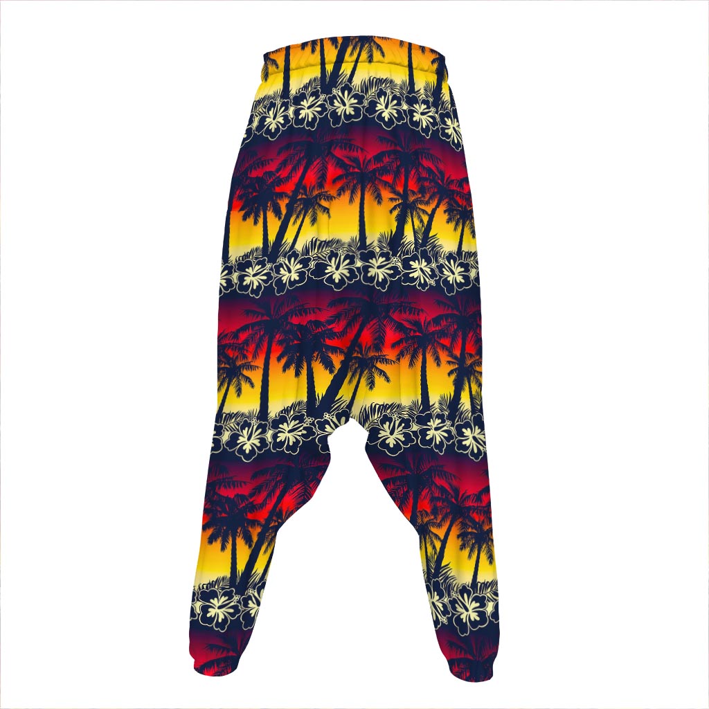 Sunset Hibiscus Palm Tree Pattern Print Hammer Pants