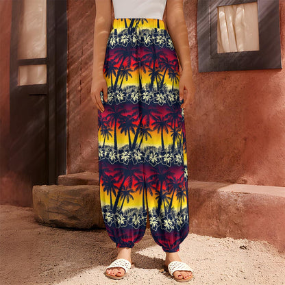 Sunset Hibiscus Palm Tree Pattern Print Harem Pants