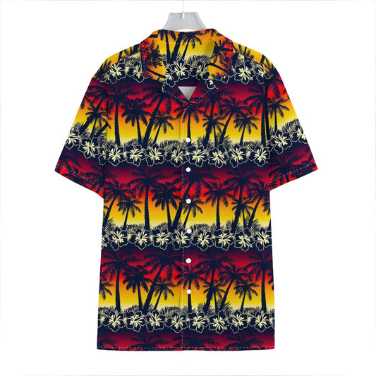 Sunset Hibiscus Palm Tree Pattern Print Hawaiian Shirt