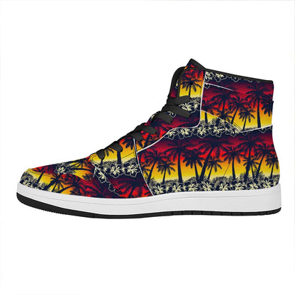 Sunset Hibiscus Palm Tree Pattern Print High Top Leather Sneakers
