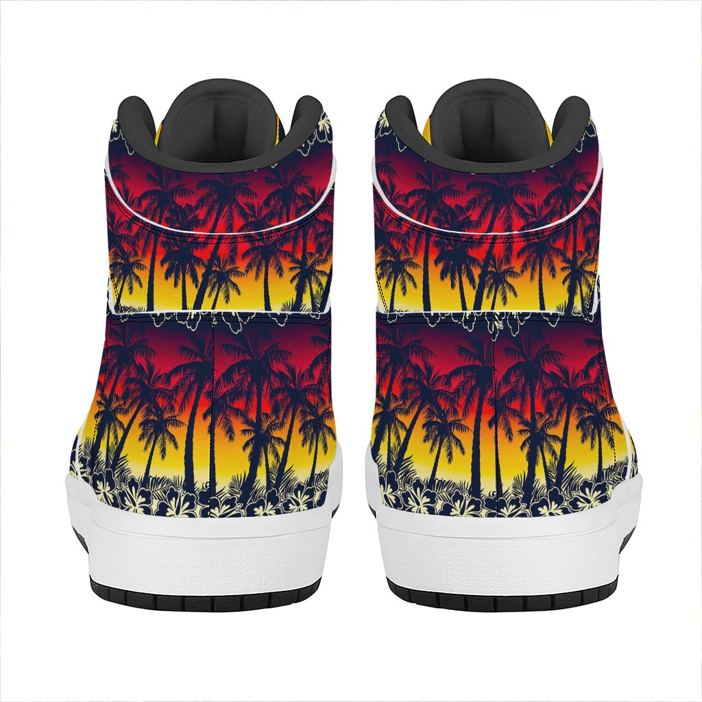 Sunset Hibiscus Palm Tree Pattern Print High Top Leather Sneakers