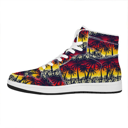 Sunset Hibiscus Palm Tree Pattern Print High Top Leather Sneakers