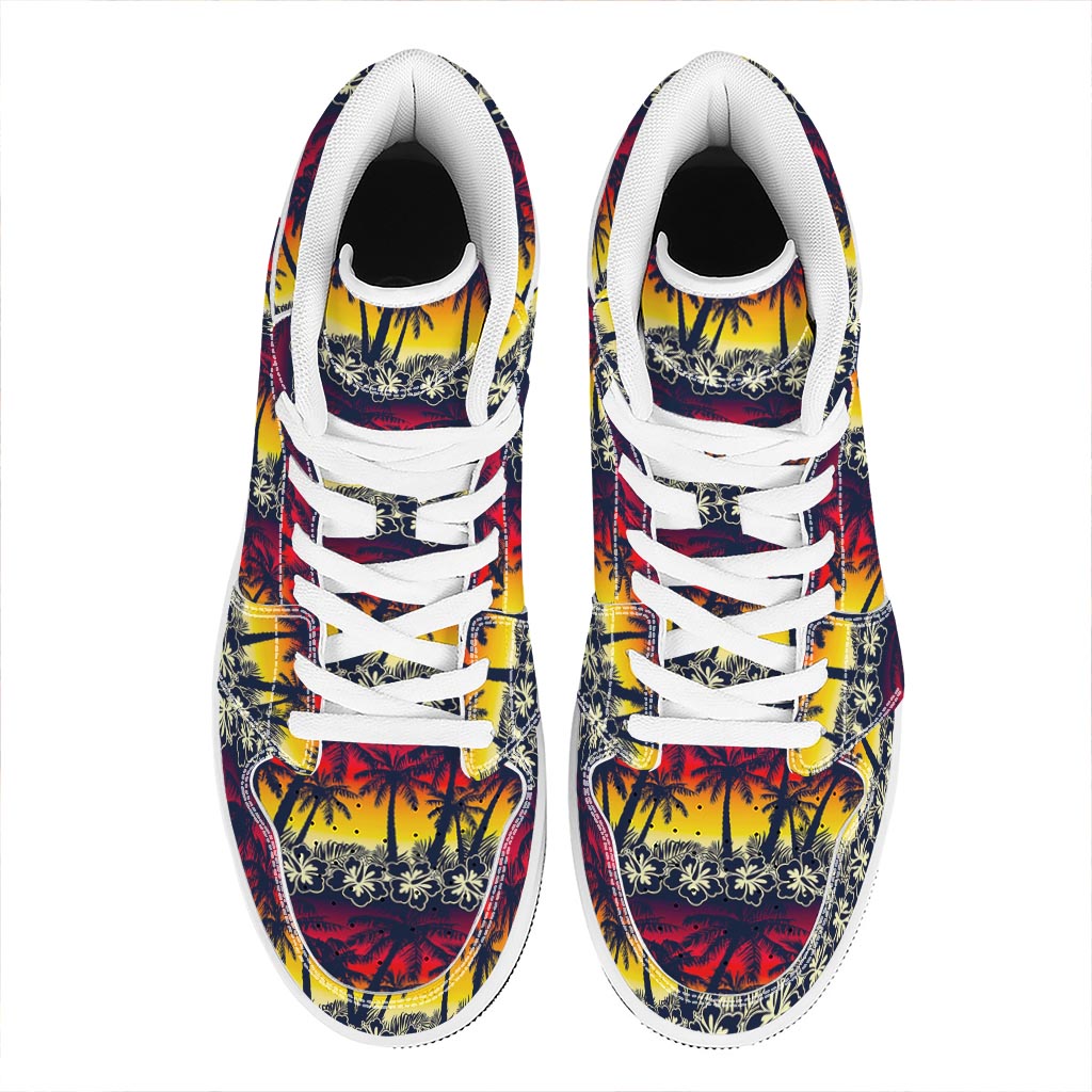 Sunset Hibiscus Palm Tree Pattern Print High Top Leather Sneakers
