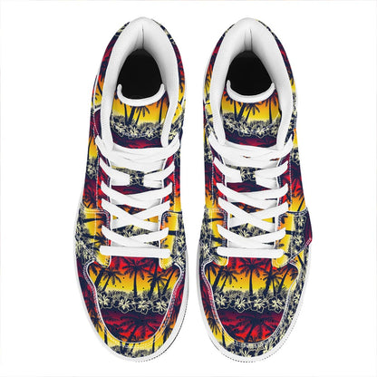 Sunset Hibiscus Palm Tree Pattern Print High Top Leather Sneakers