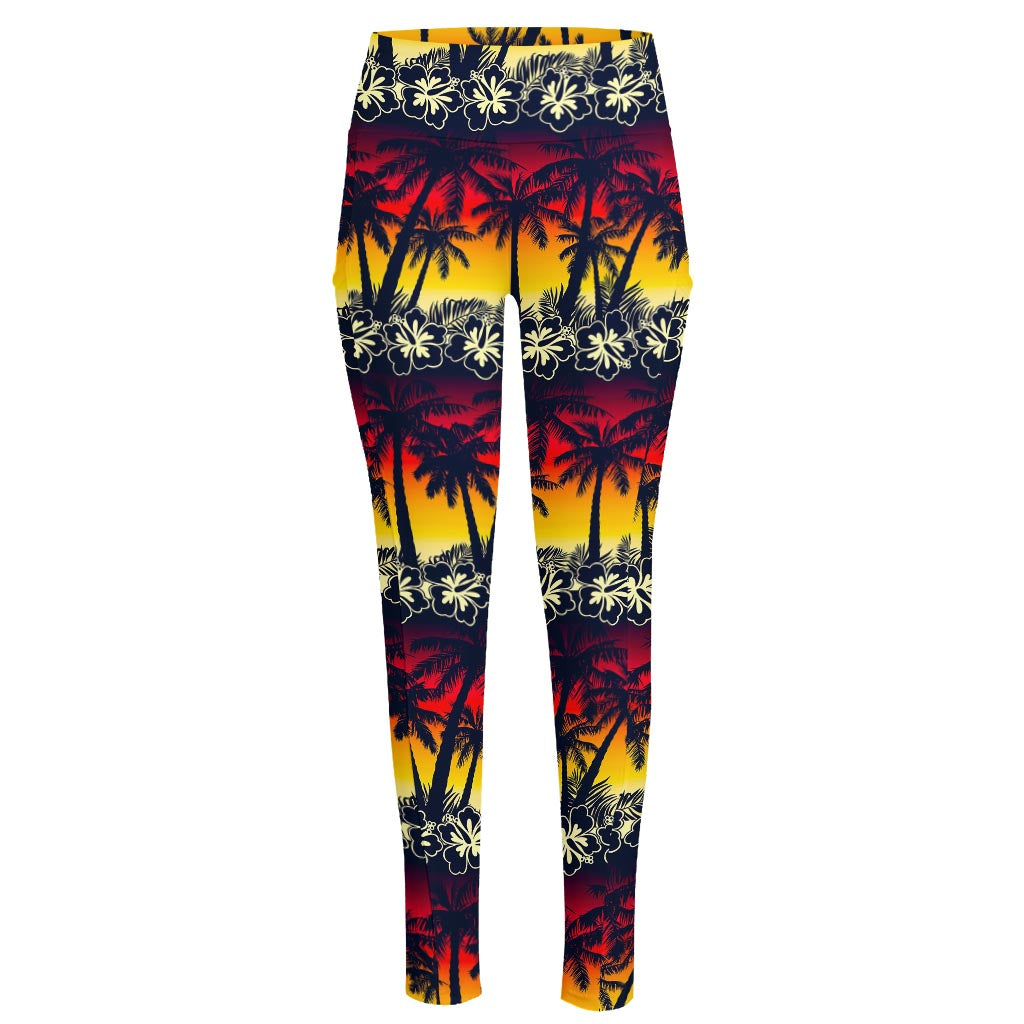 Sunset Hibiscus Palm Tree Pattern Print High-Waisted Pocket Leggings