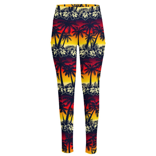 Sunset Hibiscus Palm Tree Pattern Print High-Waisted Pocket Leggings
