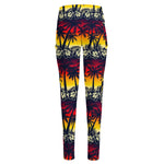 Sunset Hibiscus Palm Tree Pattern Print High-Waisted Pocket Leggings
