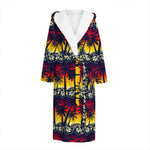 Sunset Hibiscus Palm Tree Pattern Print Hooded Bathrobe
