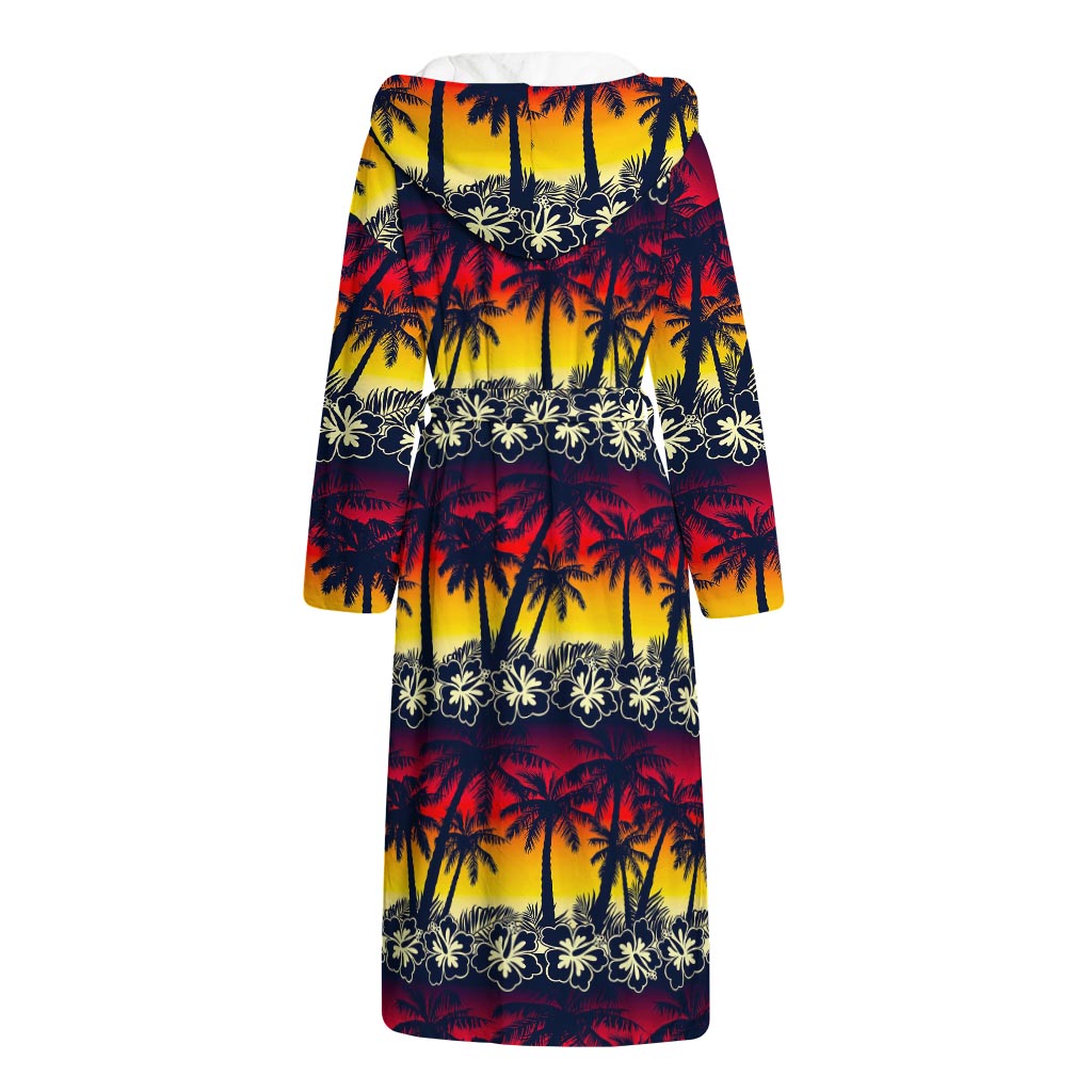 Sunset Hibiscus Palm Tree Pattern Print Hooded Bathrobe