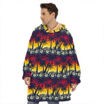 Sunset Hibiscus Palm Tree Pattern Print Hoodie Blanket