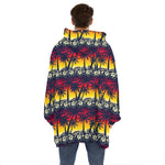 Sunset Hibiscus Palm Tree Pattern Print Hoodie Blanket