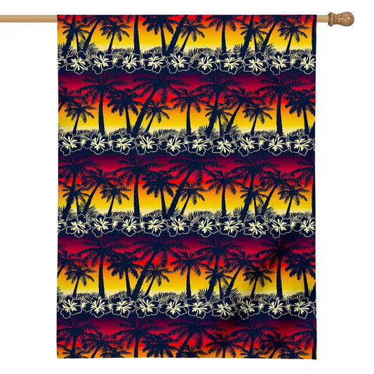 Sunset Hibiscus Palm Tree Pattern Print House Flag
