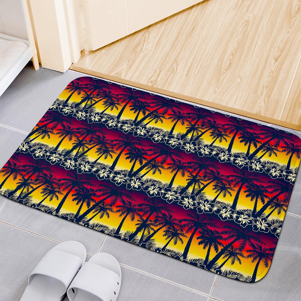 Sunset Hibiscus Palm Tree Pattern Print Indoor Door Mat