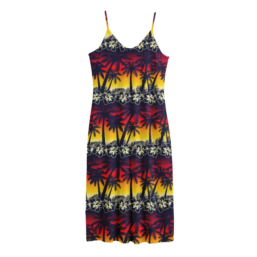 Sunset Hibiscus Palm Tree Pattern Print Jersey Midi Cami Dress