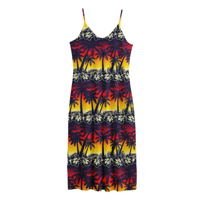 Sunset Hibiscus Palm Tree Pattern Print Jersey Midi Cami Dress