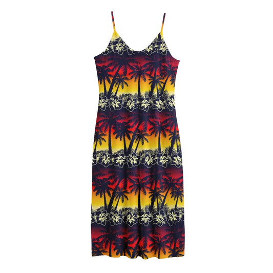 Sunset Hibiscus Palm Tree Pattern Print Jersey Midi Cami Dress
