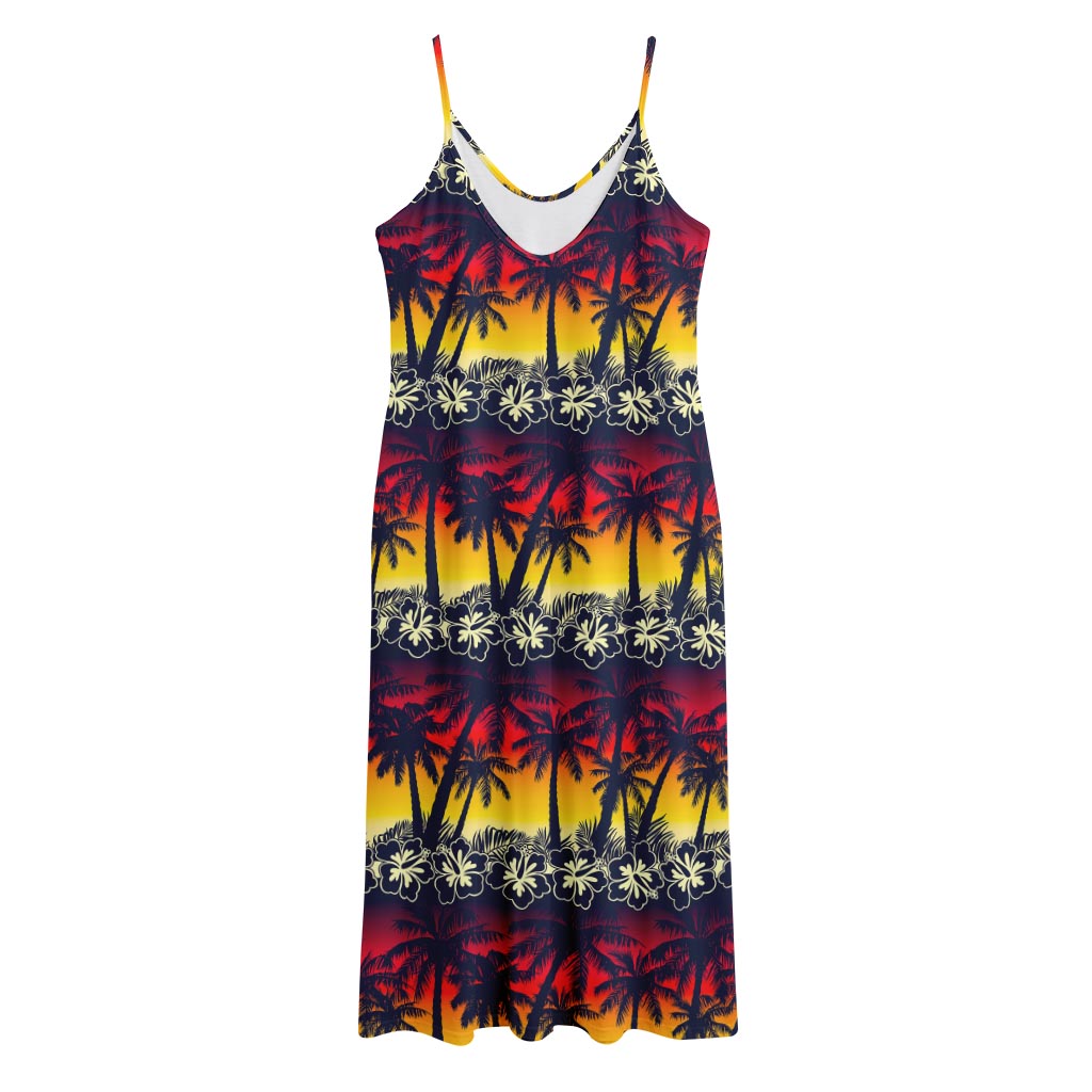 Sunset Hibiscus Palm Tree Pattern Print Jersey Midi Cami Dress