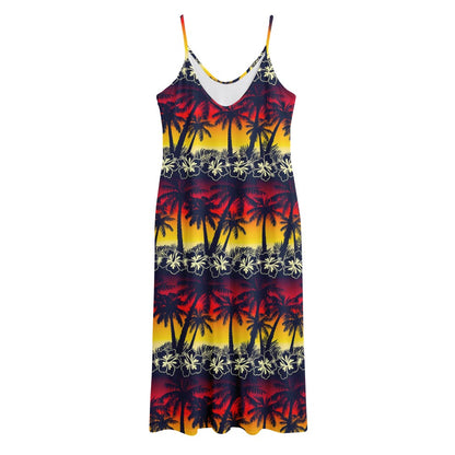 Sunset Hibiscus Palm Tree Pattern Print Jersey Midi Cami Dress