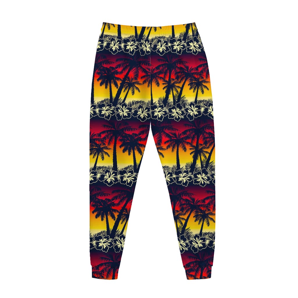Sunset Hibiscus Palm Tree Pattern Print Jogger Pants
