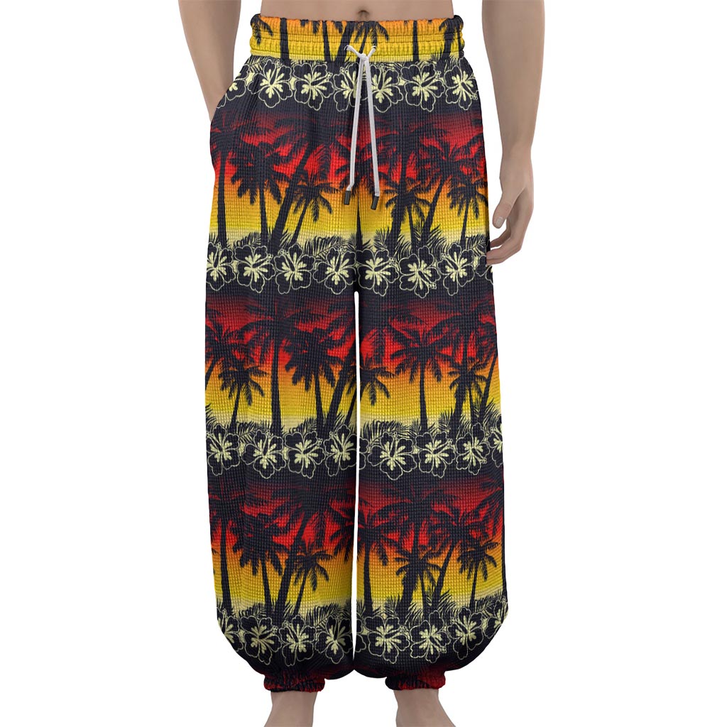 Sunset Hibiscus Palm Tree Pattern Print Lantern Pants