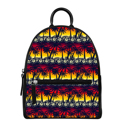 Sunset Hibiscus Palm Tree Pattern Print Leather Backpack