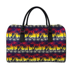 Sunset Hibiscus Palm Tree Pattern Print Leather Duffle Bag