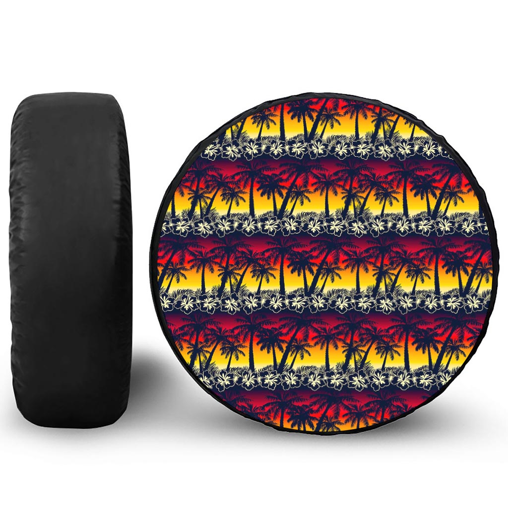 Sunset Hibiscus Palm Tree Pattern Print Leather Spare Tire Cover